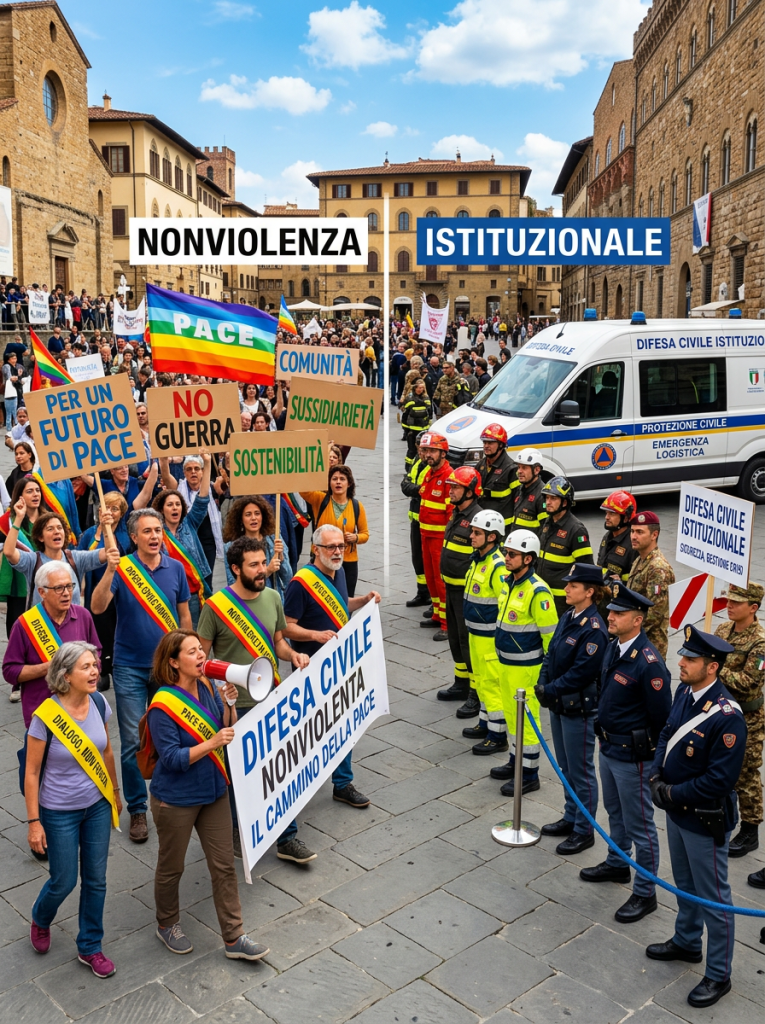 People holding signs promoting peace and nonviolence confront civil defense and police officers standing in line by an emergency vehicle